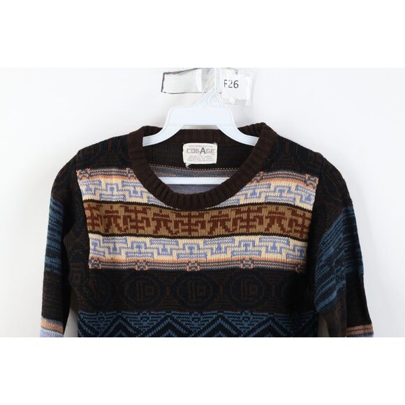 Vintage 70s Streetwear Womens XS Knit Fair Isle Crewneck Sweater Earth Tone - Picture 2 of 12